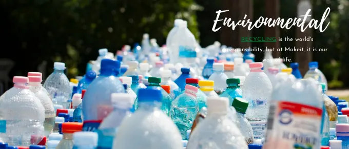 Recycled plastic bottles representing raw materials for MAKEIT recycled polyester staple fiber