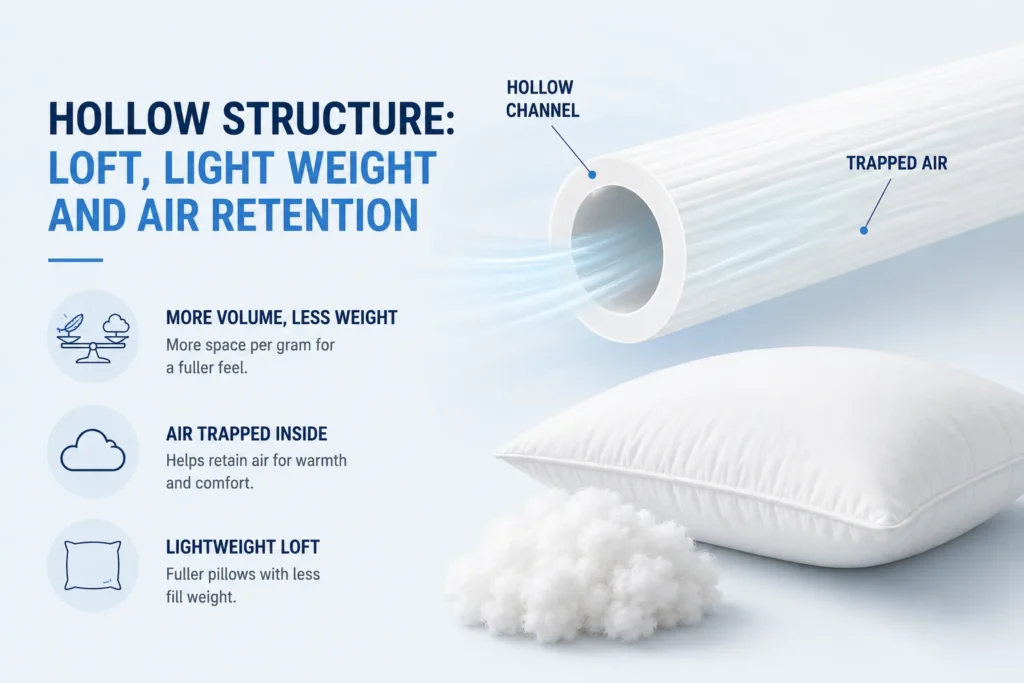 Hollow structure loft, light weight and air retention
