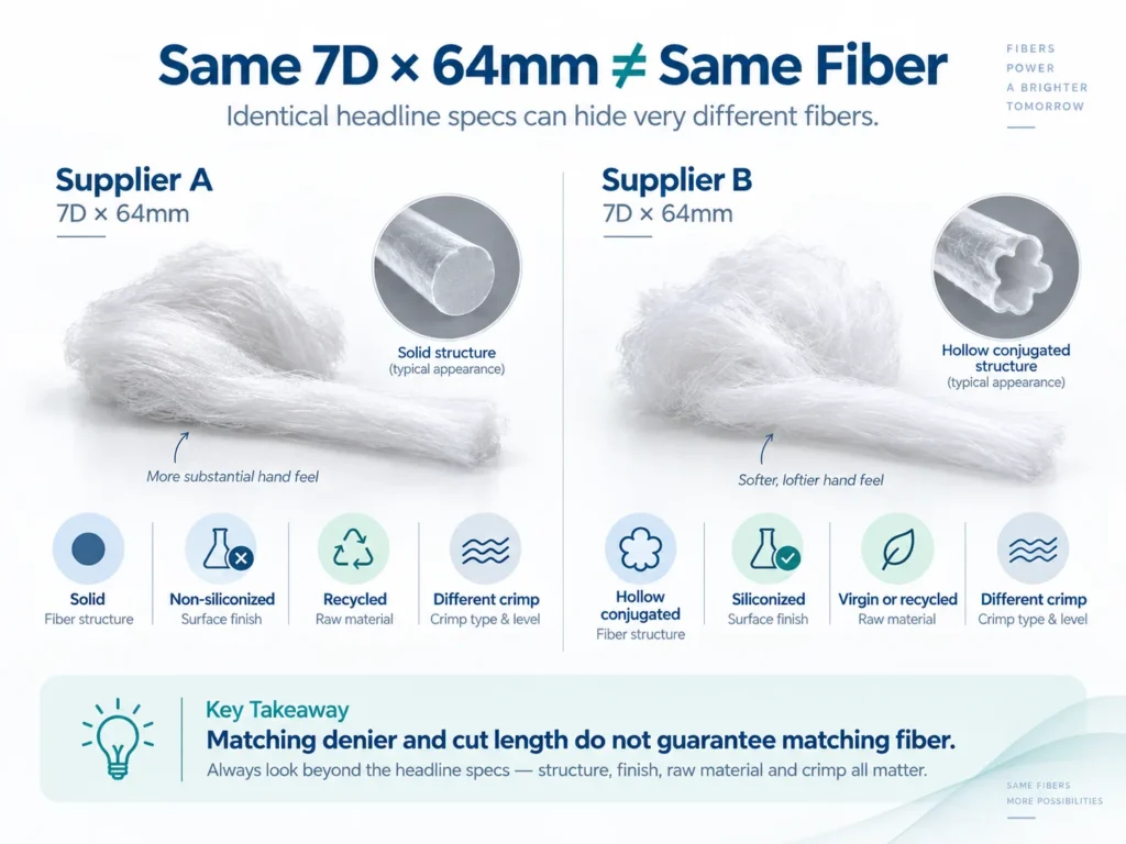 Comparison of two 7D 64mm polyester staple fibers with different structures and finishes