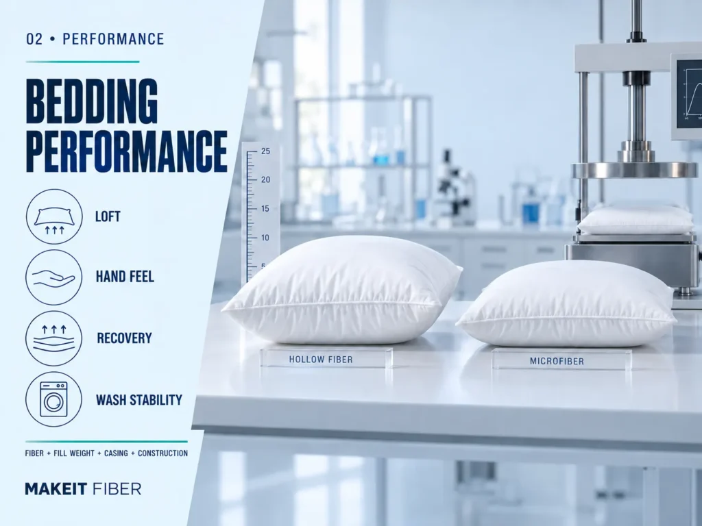 Hollow fiber and microfiber pillows tested for loft, hand feel, recovery, and wash stability