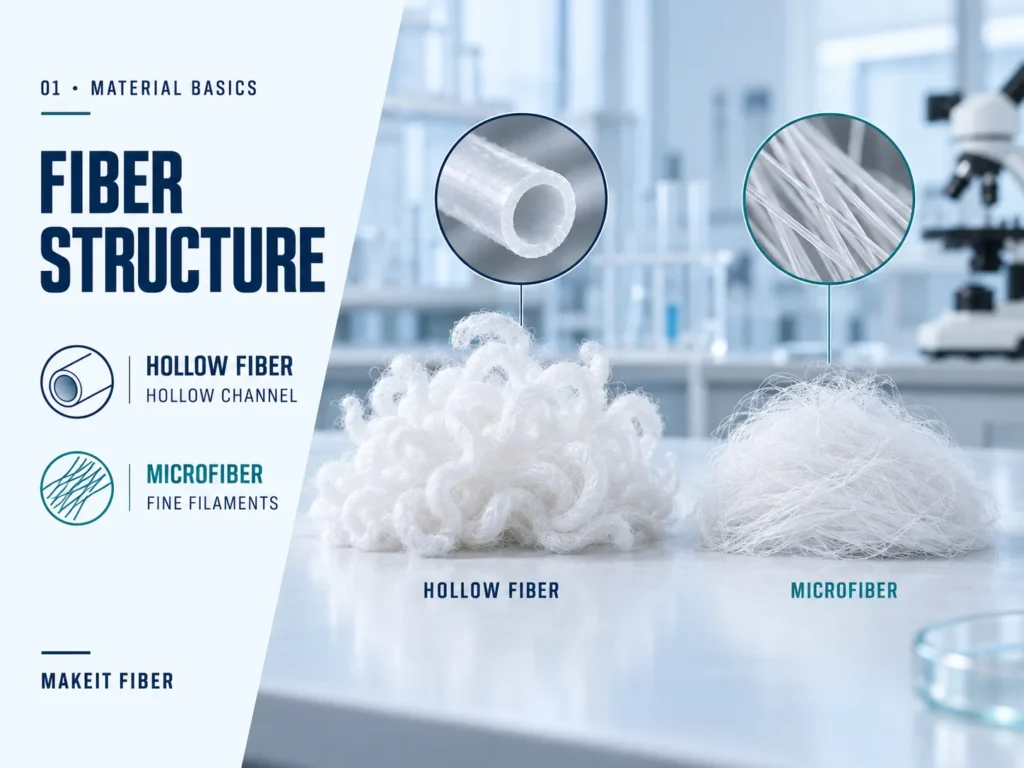 Hollow fiber with an internal channel compared with fine solid microfiber filaments
