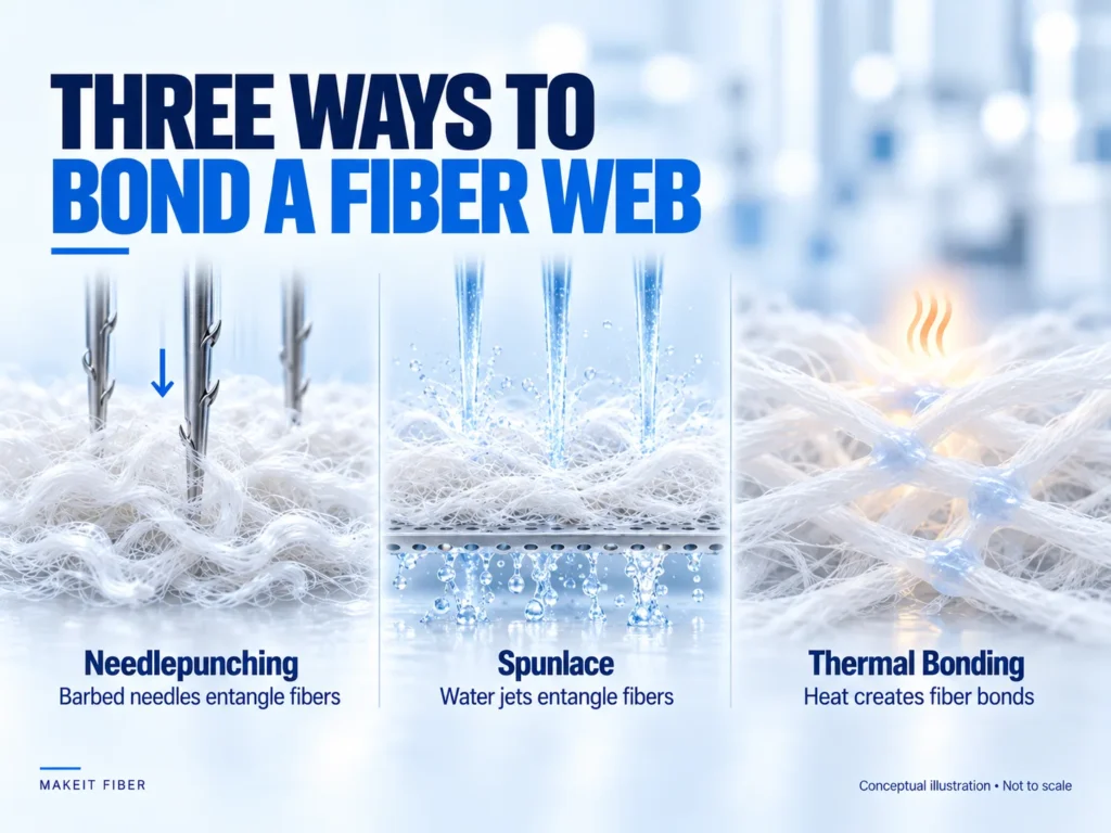 Comparison of needlepunching, spunlace water jets and thermal bonding used to consolidate nonwoven fiber webs