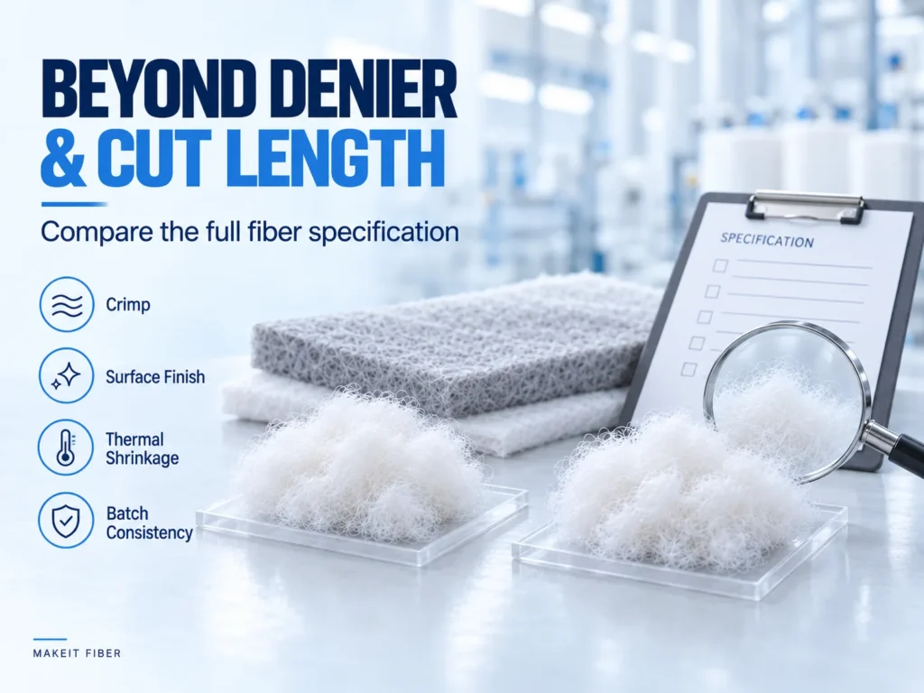 Polyester fiber samples with checks for crimp, surface finish, thermal shrinkage and batch consistency