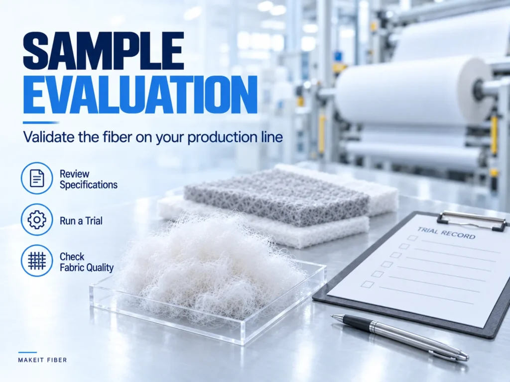 Polyester fiber and nonwoven samples beside a trial record, illustrating specification review and production testing