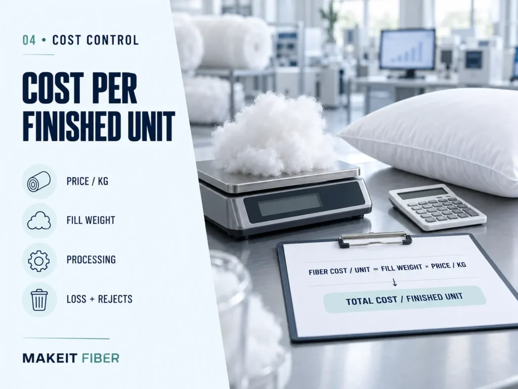 Polyester filling cost per finished bedding unit based on fiber price, fill weight, processing, and rejects