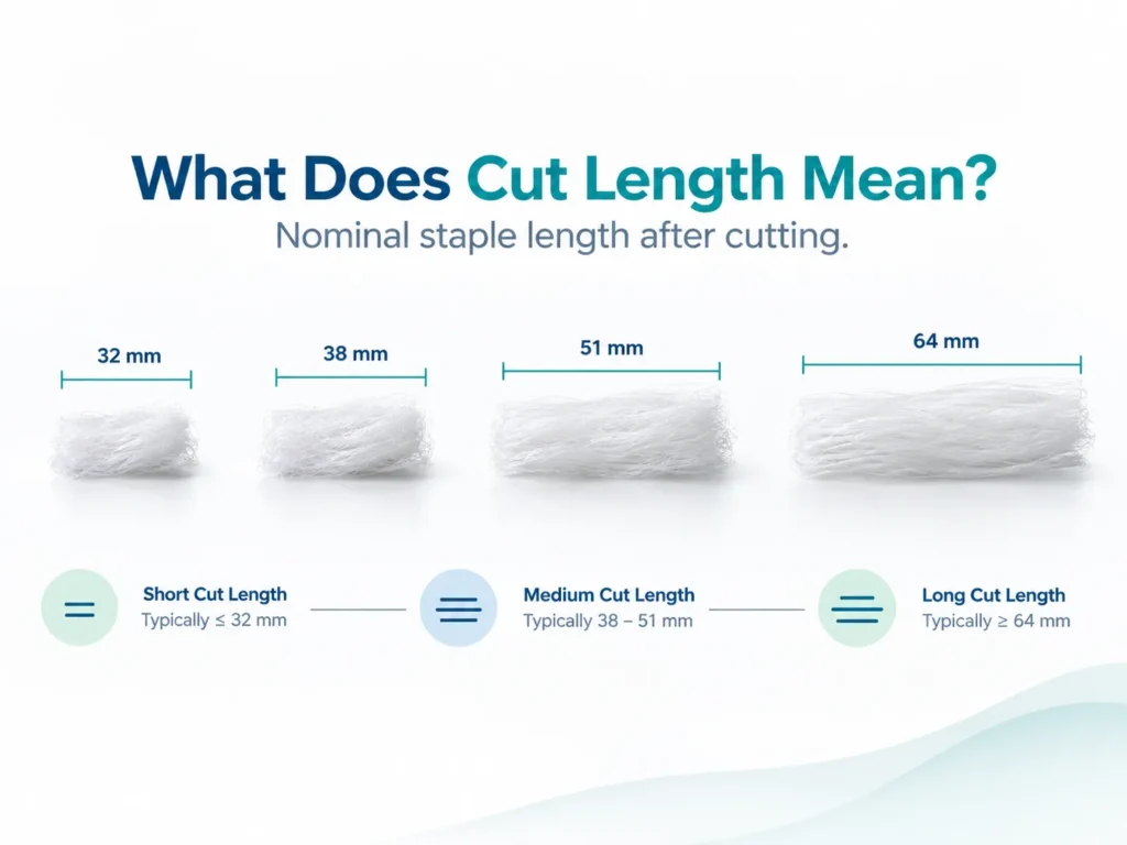Polyester staple fiber cut length comparison including 32mm, 38mm, 51mm and 64mm