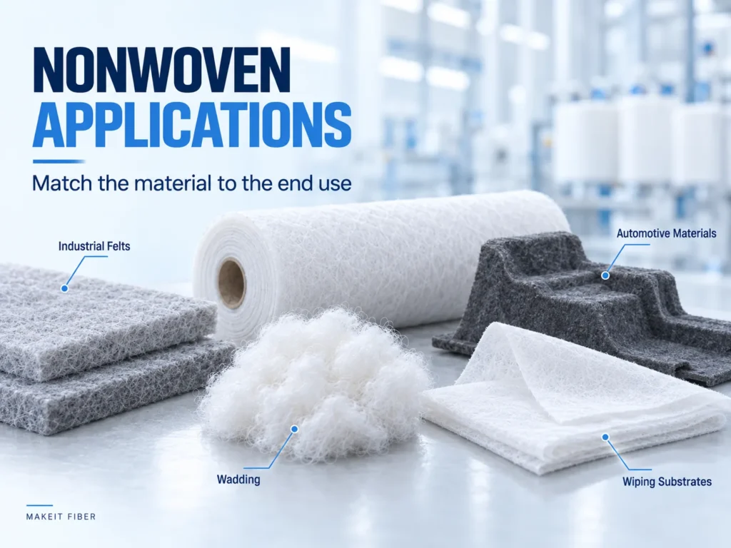 Polyester nonwoven material examples, including industrial felt, automotive materials, wadding and wiping substrates