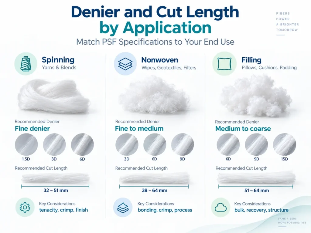 PSF denier and cut length selection for spinning, nonwoven and filling applications