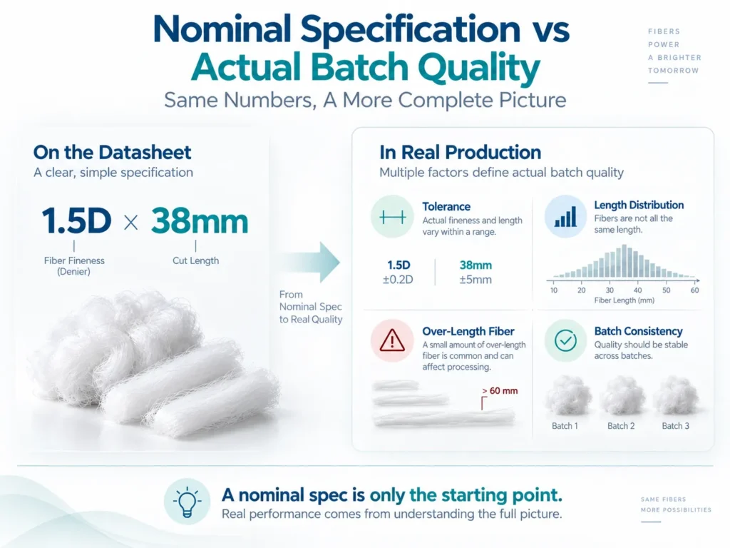 Polyester staple fiber nominal specification compared with actual batch quality and tolerance