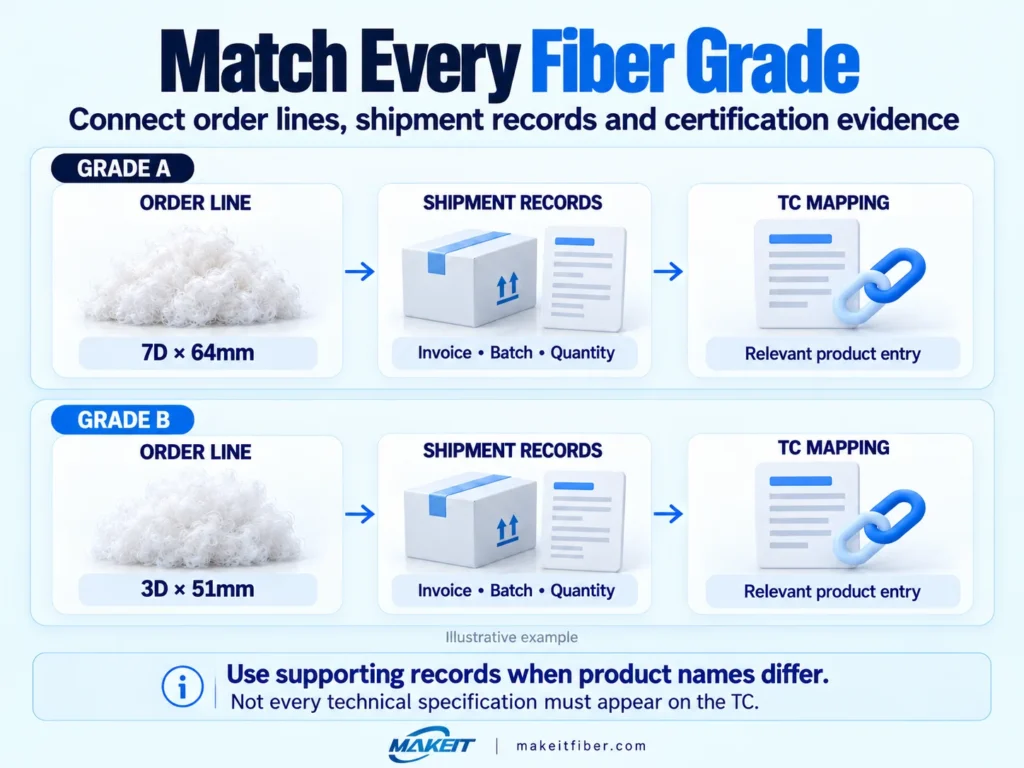 Two example polyester fiber grades, 7D × 64mm and 3D × 51mm, mapped from order lines to shipment records and TC product entries.