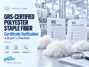 Polyester staple fiber beside Scope Certificate and Transaction Certificate illustrations for a GRS buyer verification guide.