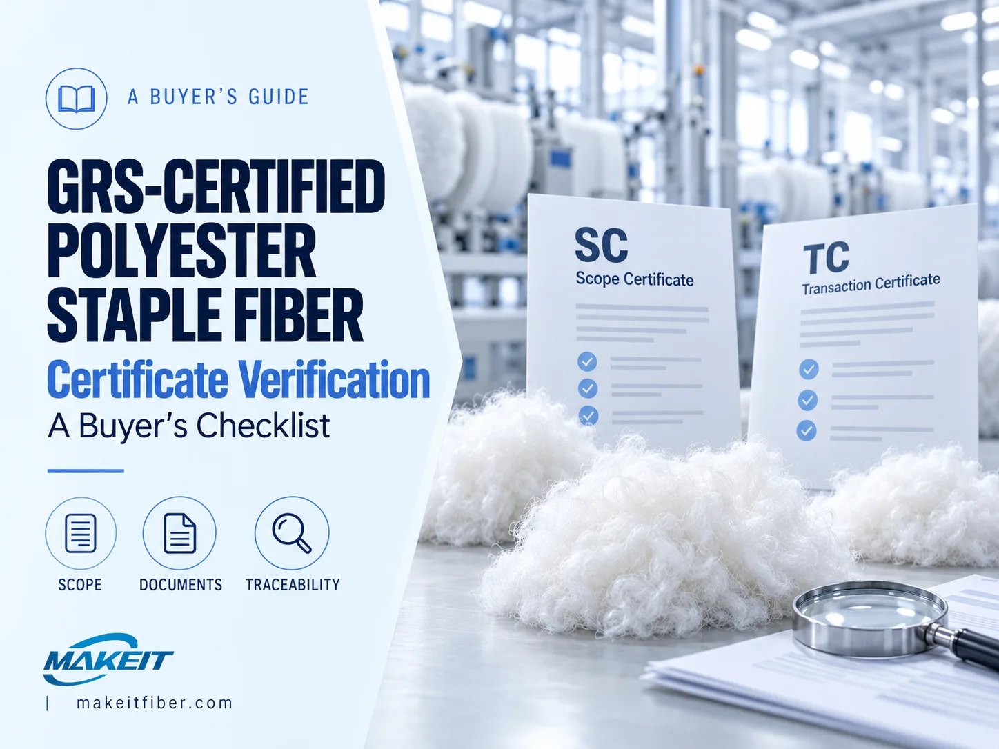 Polyester staple fiber beside Scope Certificate and Transaction Certificate illustrations for a GRS buyer verification guide.