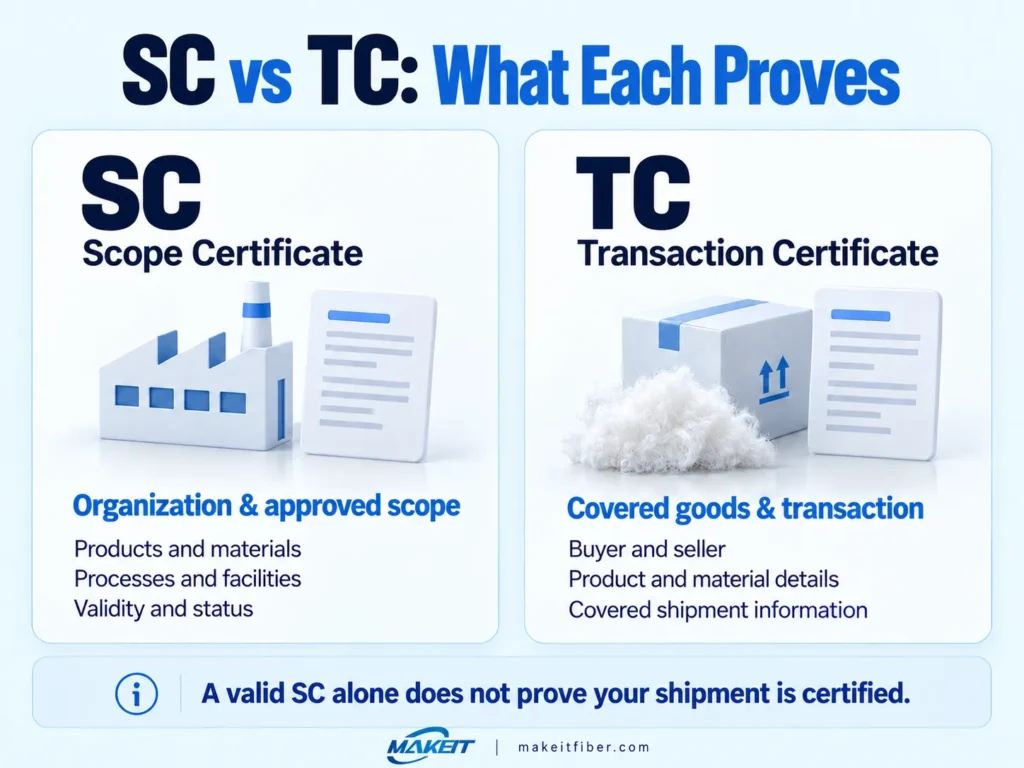 Side-by-side comparison of a GRS Scope Certificate covering organizational scope and a Transaction Certificate covering specified goods and transactions.