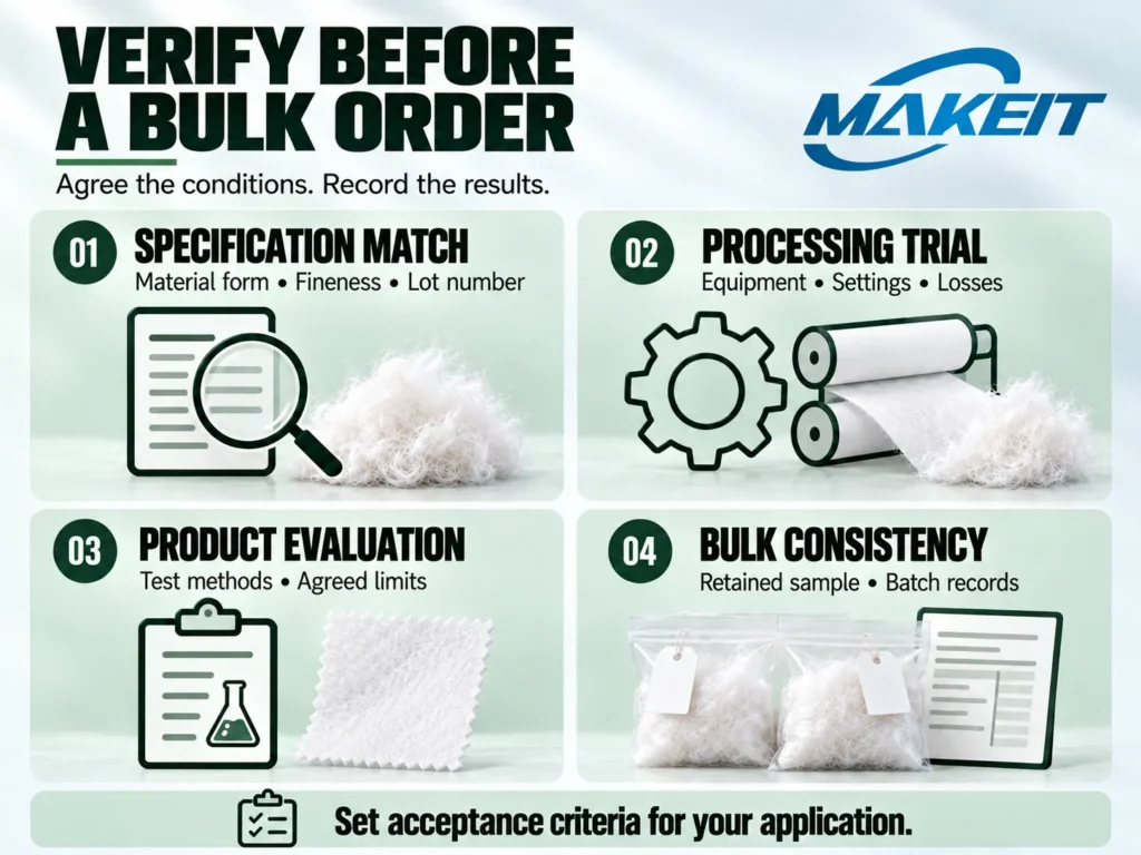Four checks before a bulk polyester order: specification match, processing trial, product evaluation, and bulk consistency.