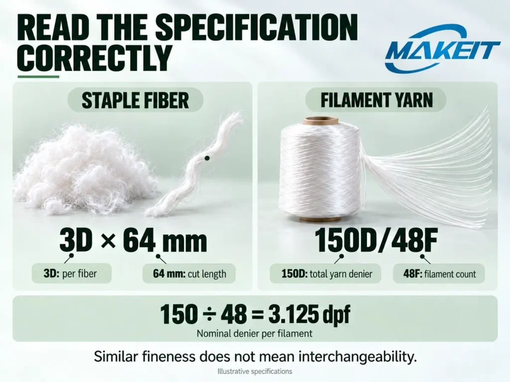 Comparison of 3D × 64 mm staple fiber and 150D/48F filament yarn, showing 150 divided by 48 equals 3.125 denier per filament.