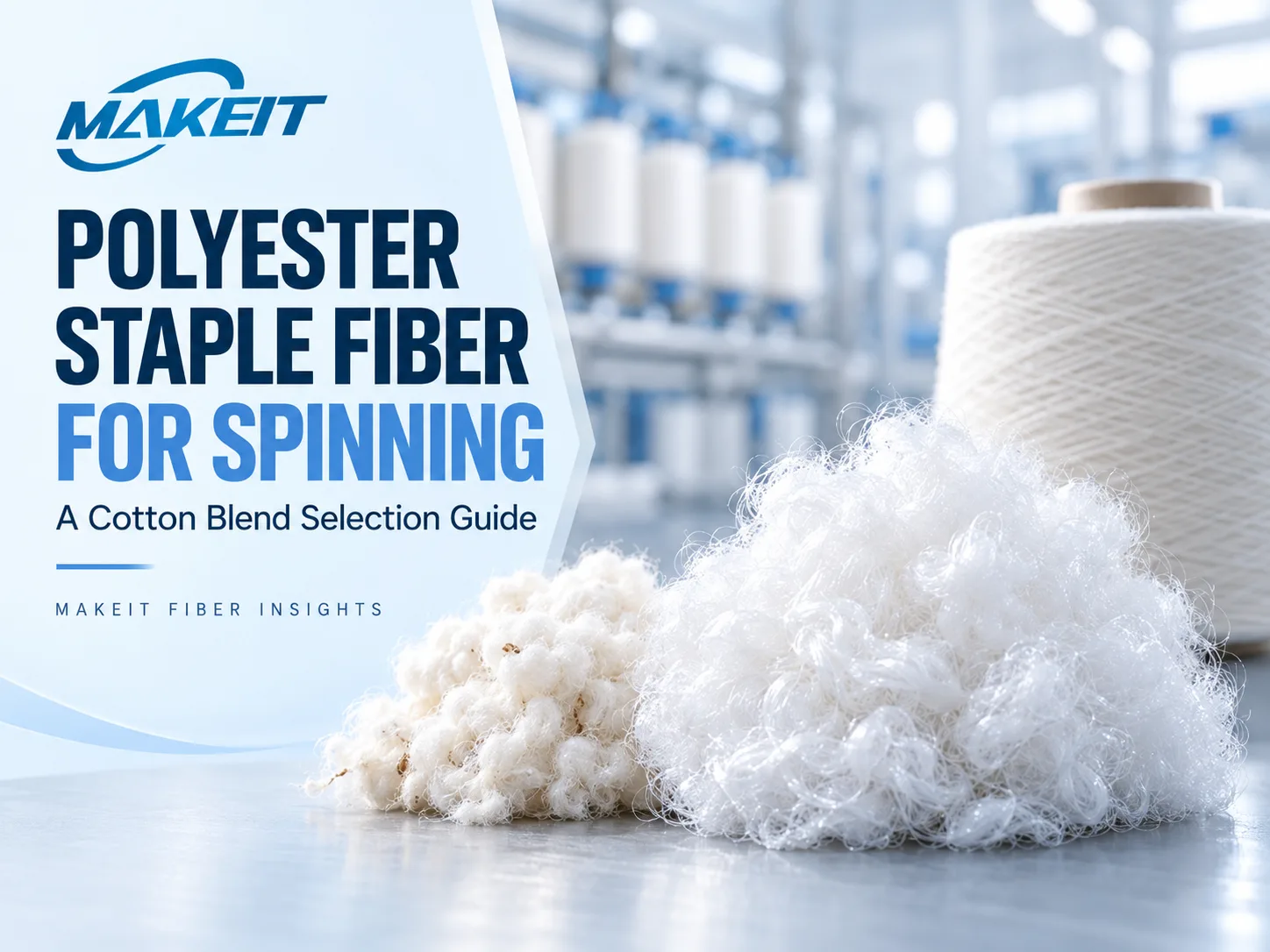 Polyester staple fiber and cotton samples beside a yarn cone for a cotton blend selection guide.