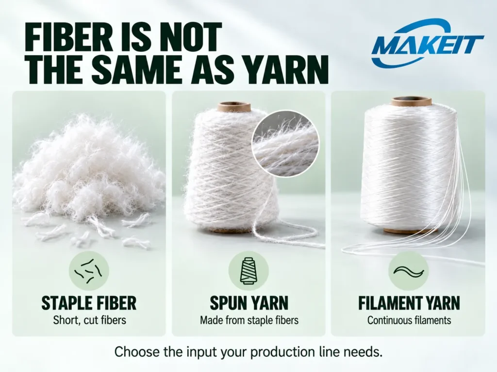 Side-by-side comparison of polyester staple fiber, spun yarn made from staple fibers, and continuous filament yarn.