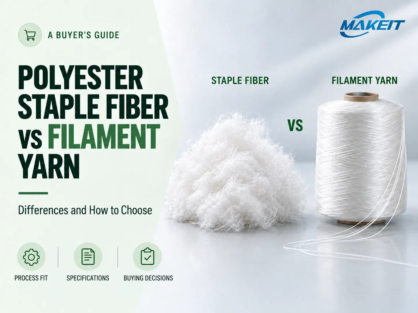 Polyester staple fiber beside a filament yarn package, illustrating short cut fibers versus continuous filaments.