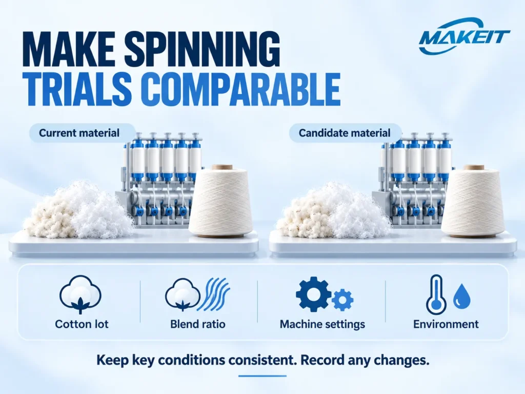 Current and candidate PSF materials compared with consistent cotton lot, blend ratio, machine settings, and environment.