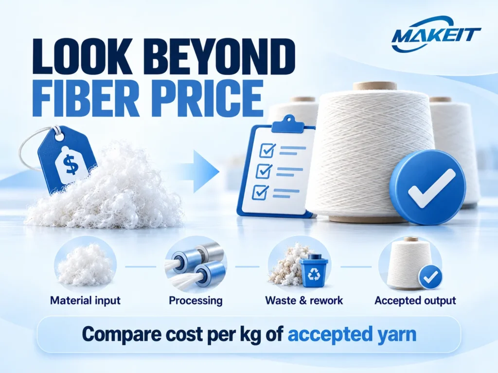 Fiber price compared with accepted yarn cost, considering material input, processing, waste, and rework.