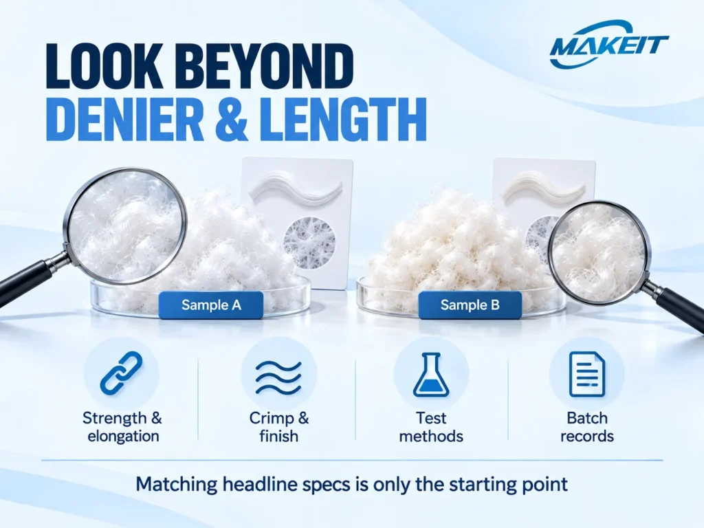 Two PSF samples compared by strength and elongation, crimp and finish, test methods, and batch records.
